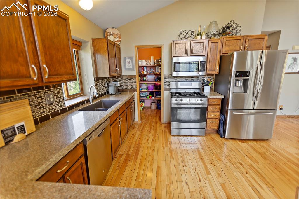 566 Spring Valley Drive Divide, CO 80814 - Photo 6 of 30 a kitchen with stainless steel appliances a refrigerator and a stove top oven