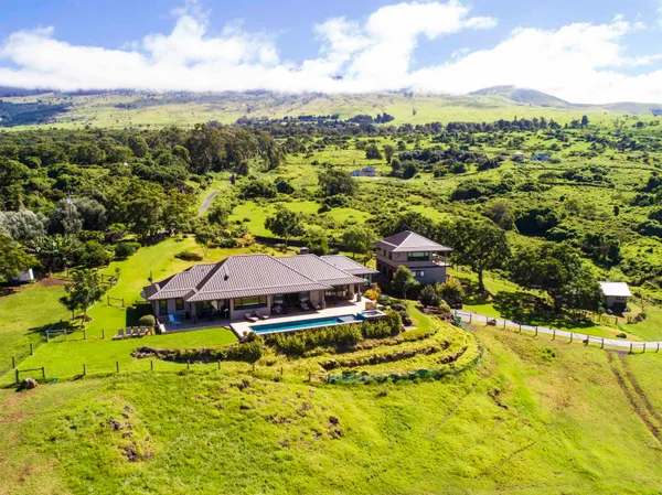 an aerial view of residential houses with outdoor space and trees