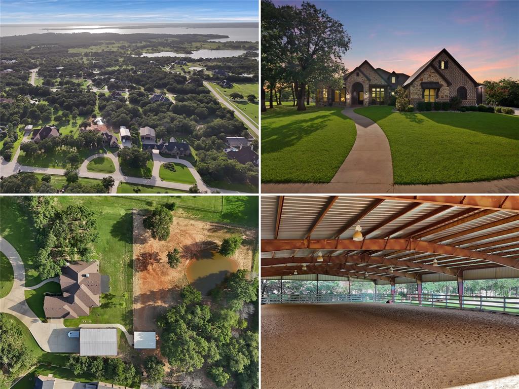an aerial view of a house with a garden and lake view