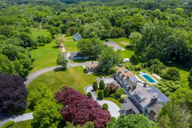 an aerial view of residential house with outdoor space and swimming pool