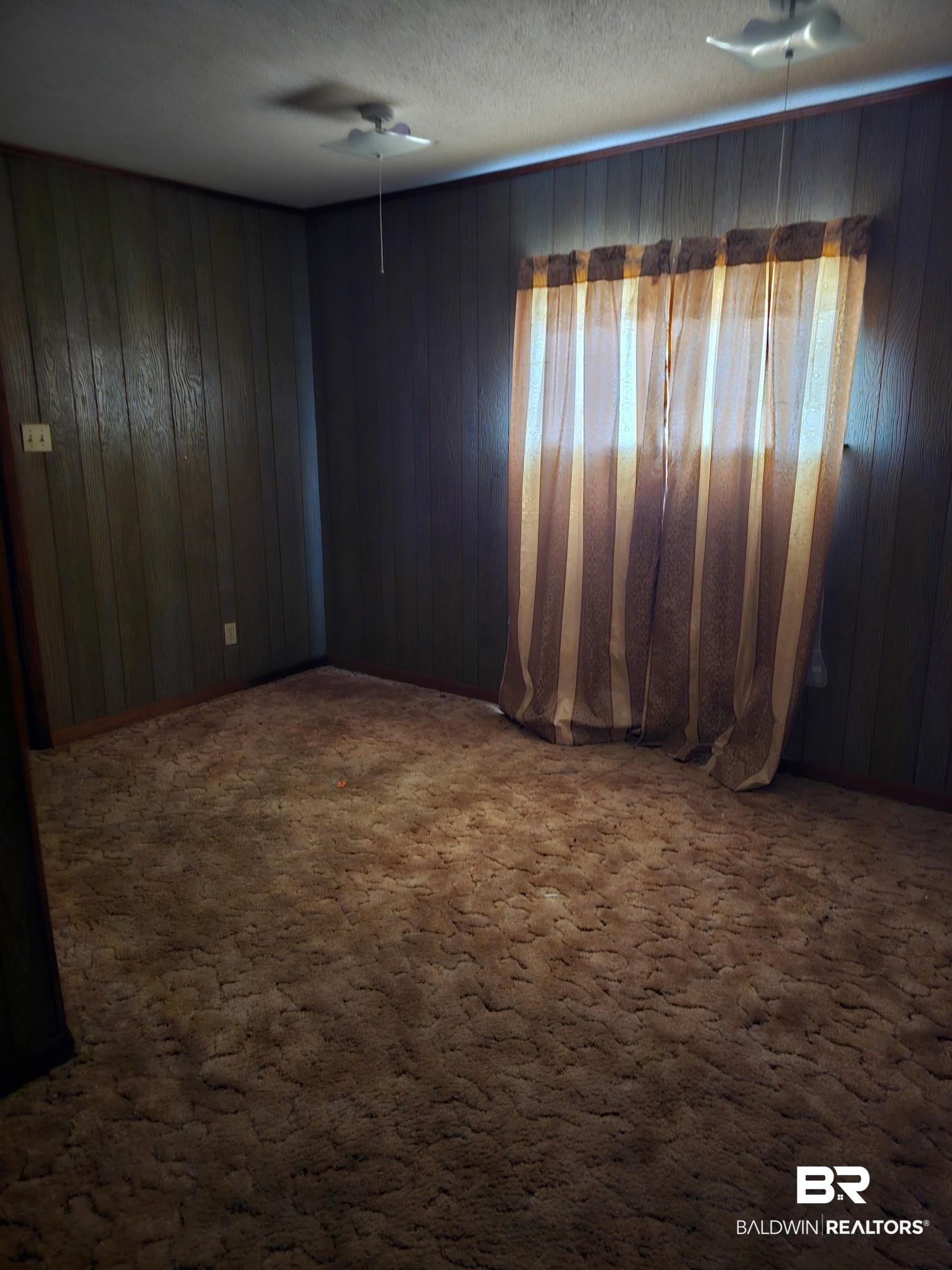 304 Sutherland Drive Mobile, AL 36611 - Photo 18 of 18 Empty room with ceiling fan, carpet, a textured ceiling, and wood walls