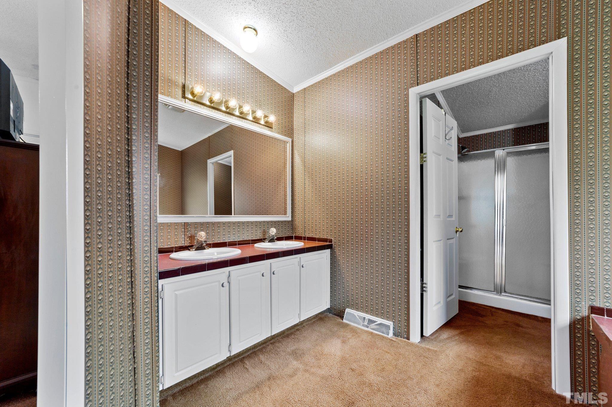 9617 Jernigan Road Spring Hope, NC 27882 - Photo 24 of 41 a en suite bathroom with a double vanity sink and a mirror