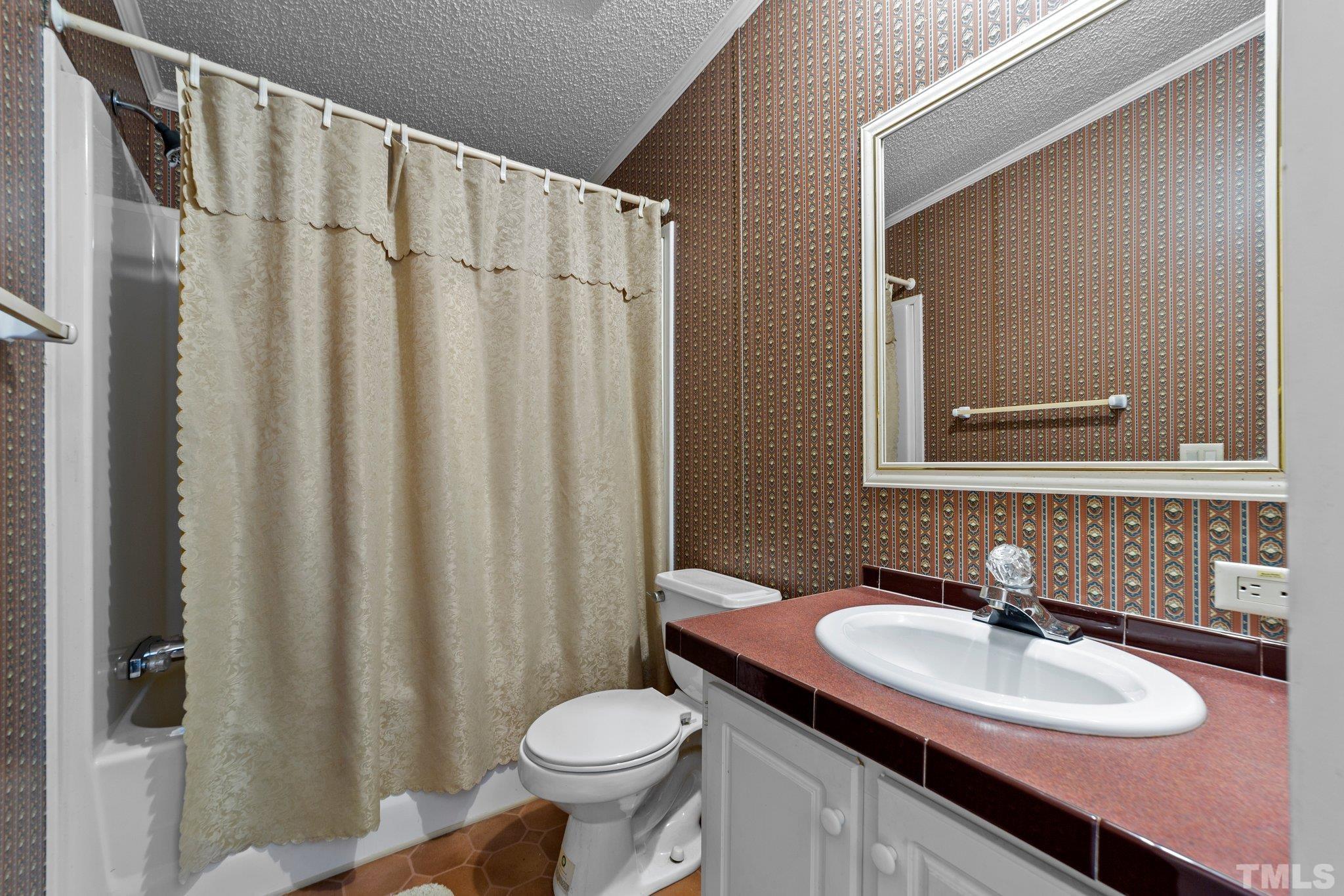 9617 Jernigan Road Spring Hope, NC 27882 - Photo 30 of 41 a bathroom with a sink toilet a mirror and shower curtain
