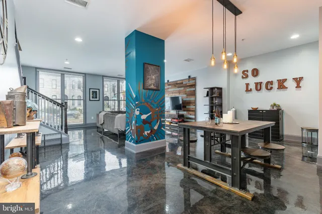 a view of a dining room with furniture