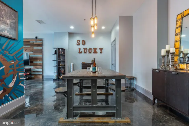 a view of a dining room with furniture