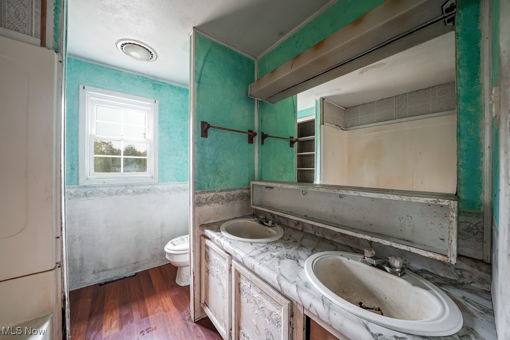 5552 Nelson Mosier Road Southington, OH 44470 - Photo 7 of 24 Bathroom with vanity, wood-type flooring, and toilet