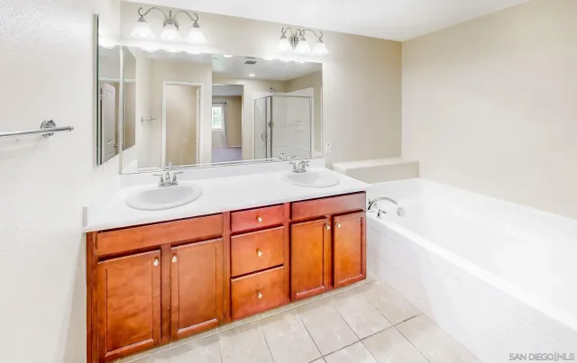a bathroom with a sink double vanity mirror and a bathtub