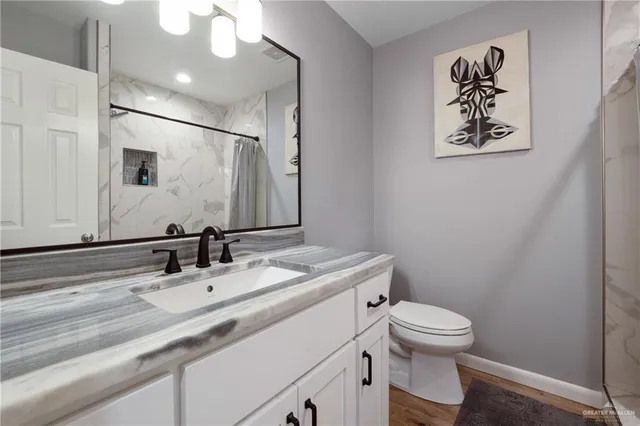 a bathroom with a toilet sink and mirror