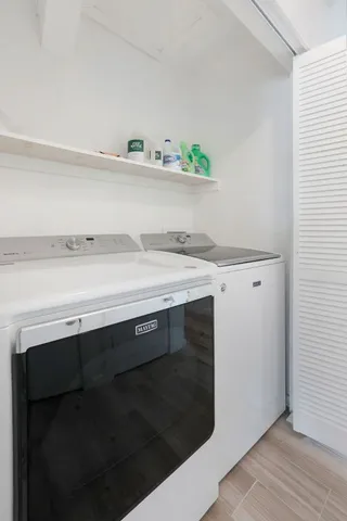 a utility room with a sink a potted plant and wooden floor