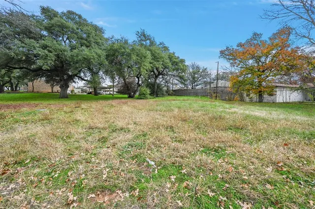 a view of a field with trees in the background