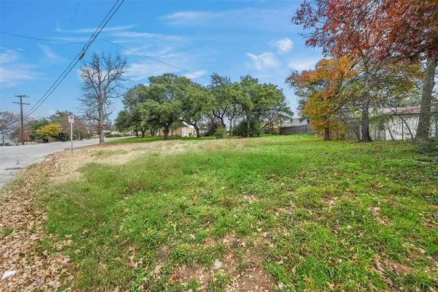 a view of a field of grass and trees