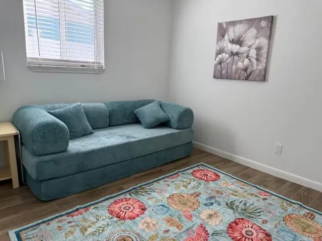 a living room with furniture and a rug