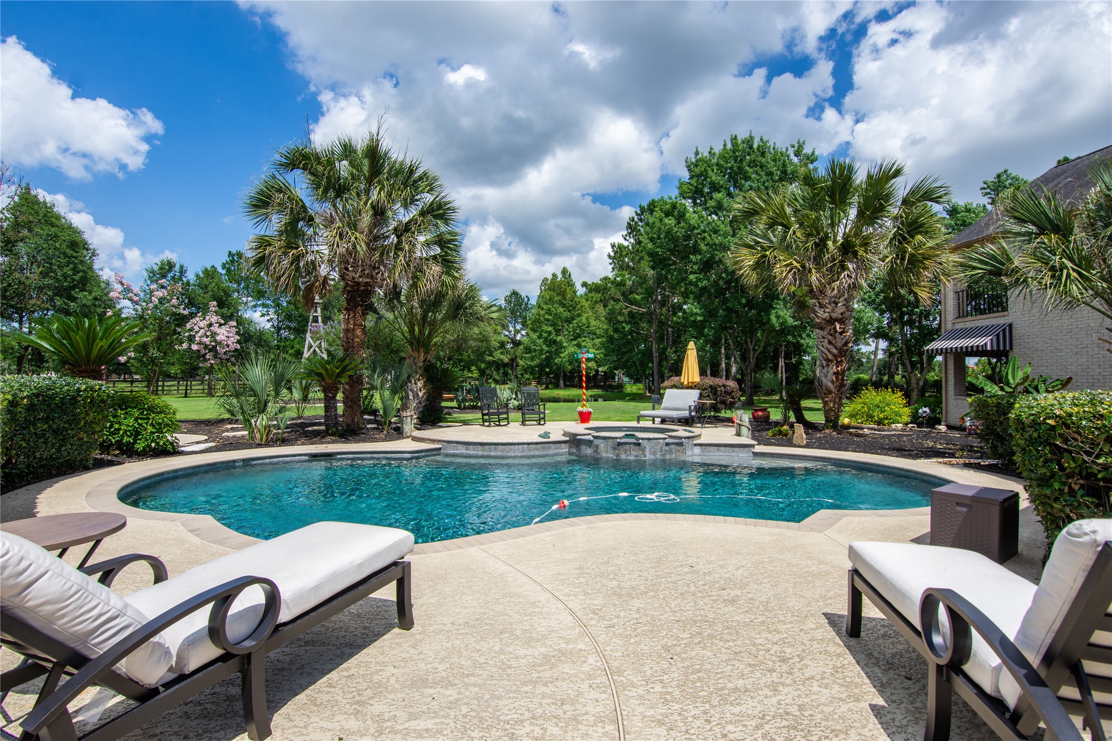 13914 Skinner Road Cypress, TX 77429 - Photo 43 of 50 Resort style pool and spa surrounded by palm trees, lush landscaping, and plenty of patio space for relaxing or entertaining.