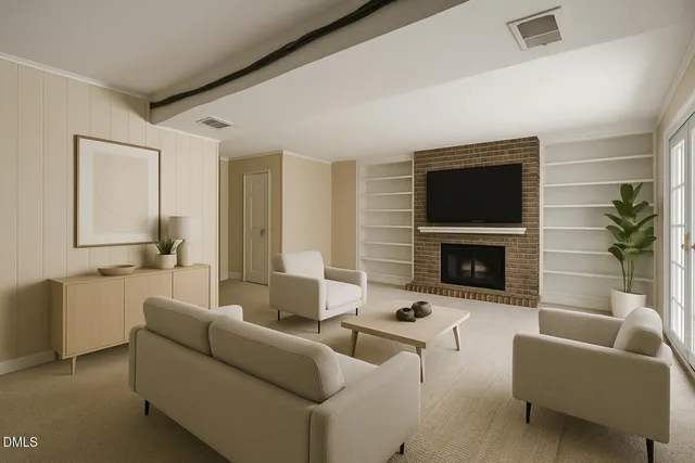 a living room with furniture a flat screen tv and a fireplace