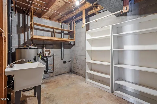 a view of a room with shelves
