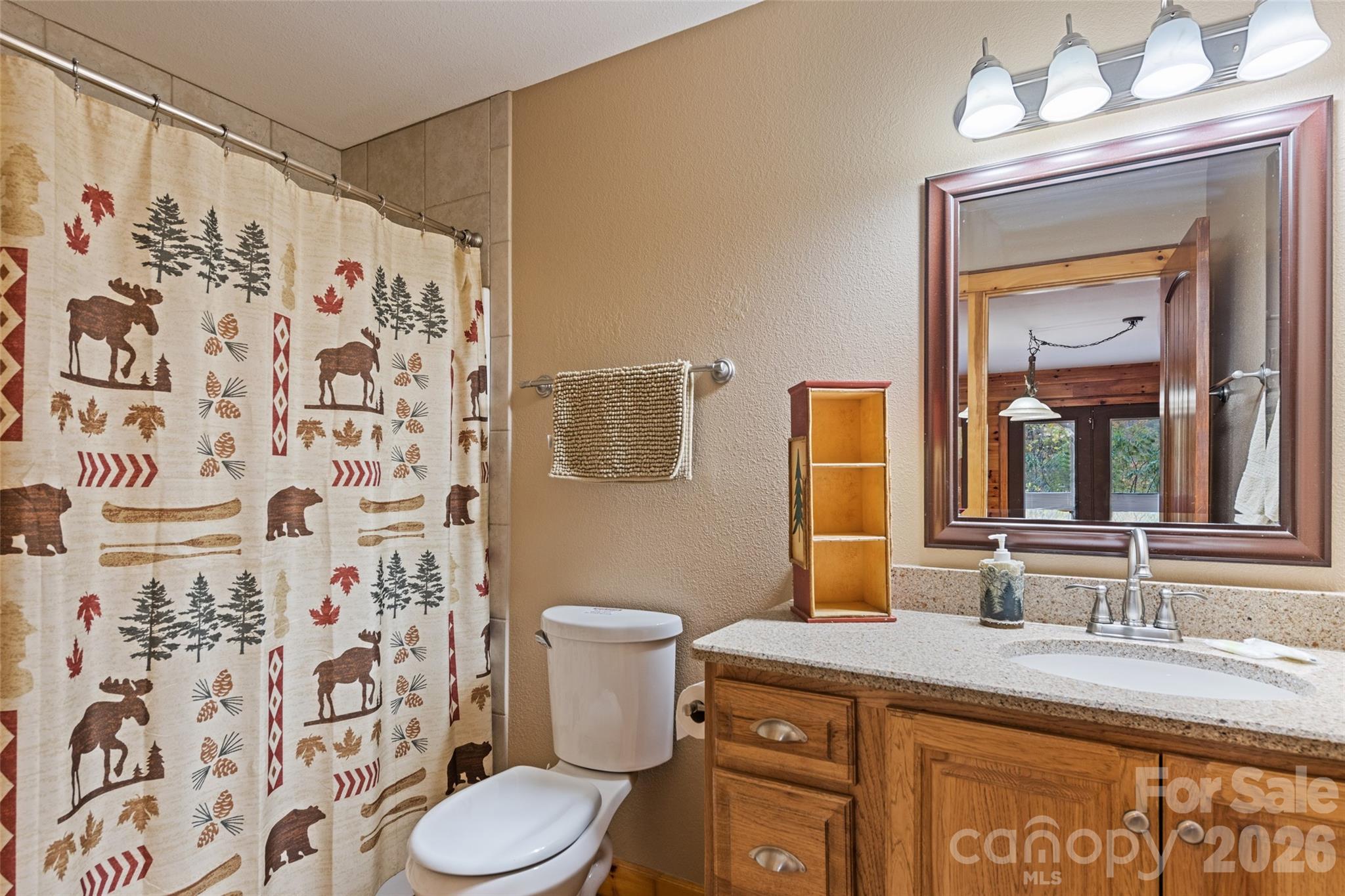 235 Soaring Eagle Road Bryson City, NC 28713 - Photo 29 of 42 a bathroom with a granite countertop sink mirror vanity and toilet
