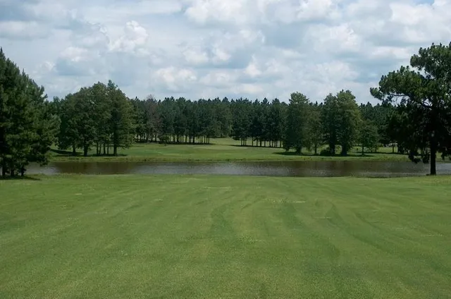 a view of outdoor space with green field and trees in the background