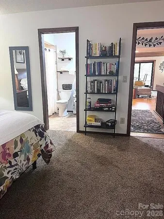 a living room with furniture and a book shelf