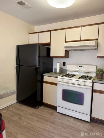 a kitchen with a stove refrigerator and cabinets