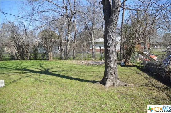 a view of a garden with large trees