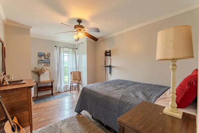 a bedroom with a bed and a chandelier