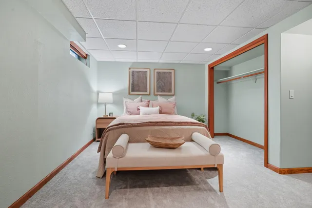 a view of a park with large trees