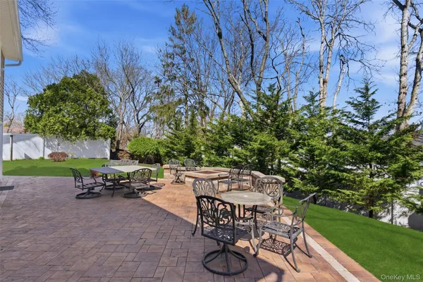 a garden view with a seating space