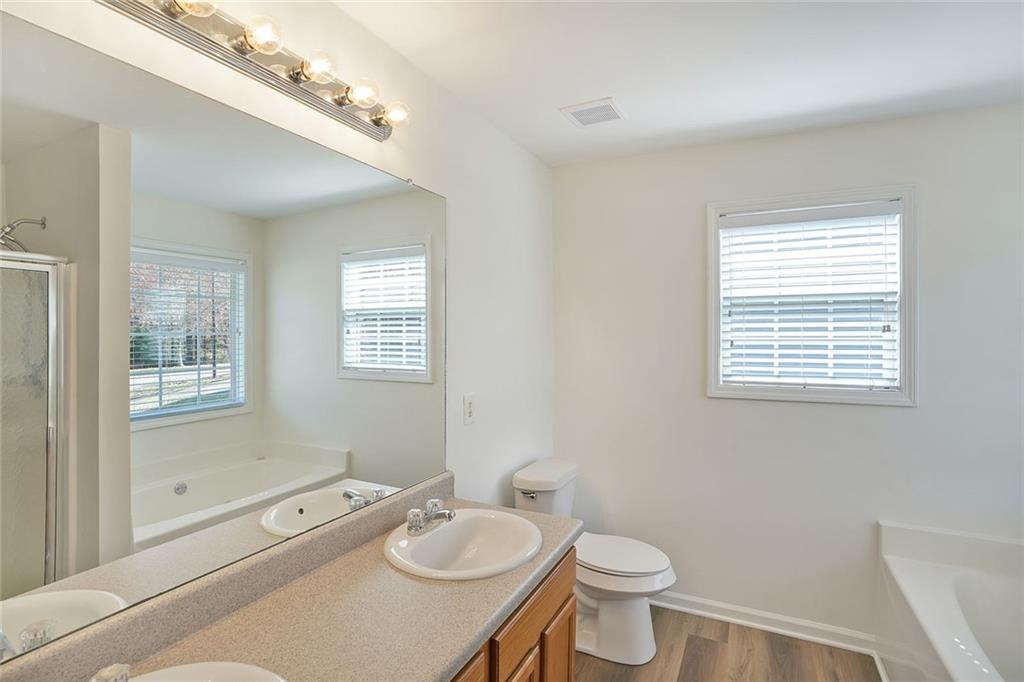 211 West Bridge Drive Dallas, GA 30157 - Photo 16 of 26 a bathroom with a sink a toilet and a large mirror
