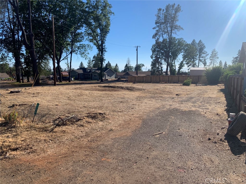 a view of dirt yard with a large tree