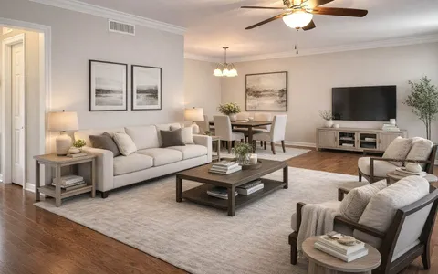 a living room with furniture a flat screen tv and a window