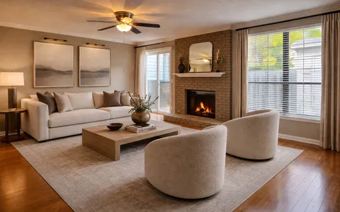 a living room with furniture and a fireplace