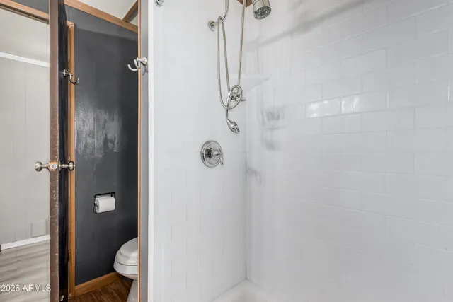 a bathroom with a granite countertop shower