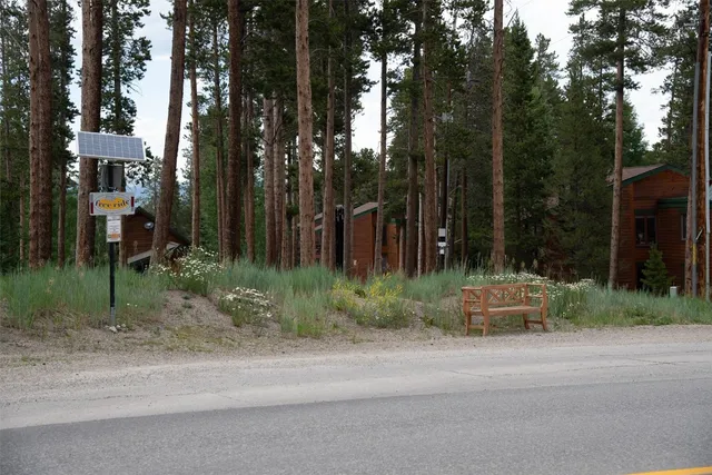 a view of a wooden house with a small yard and large trees