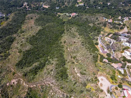 a view of a lush green field with mountains in the background