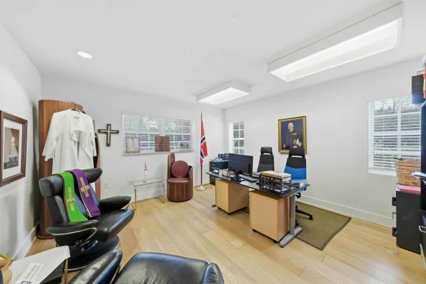 a view of a garage with furniture