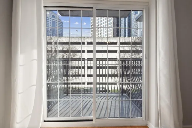 a view of a building from a balcony