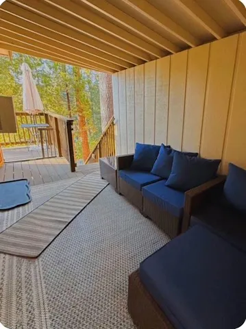 a balcony with a bench