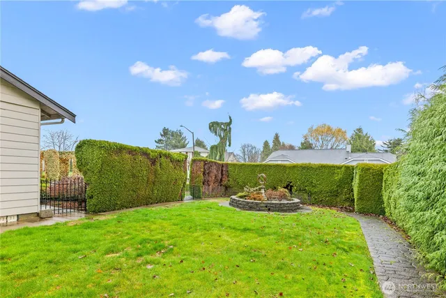 a view of a house with a yard potted plants and large tree