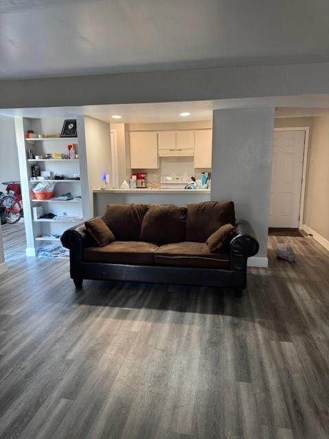 Living room with dark wood-type flooring