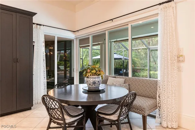 a dining room with furniture window and outside view