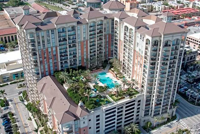 a city view with tall buildings