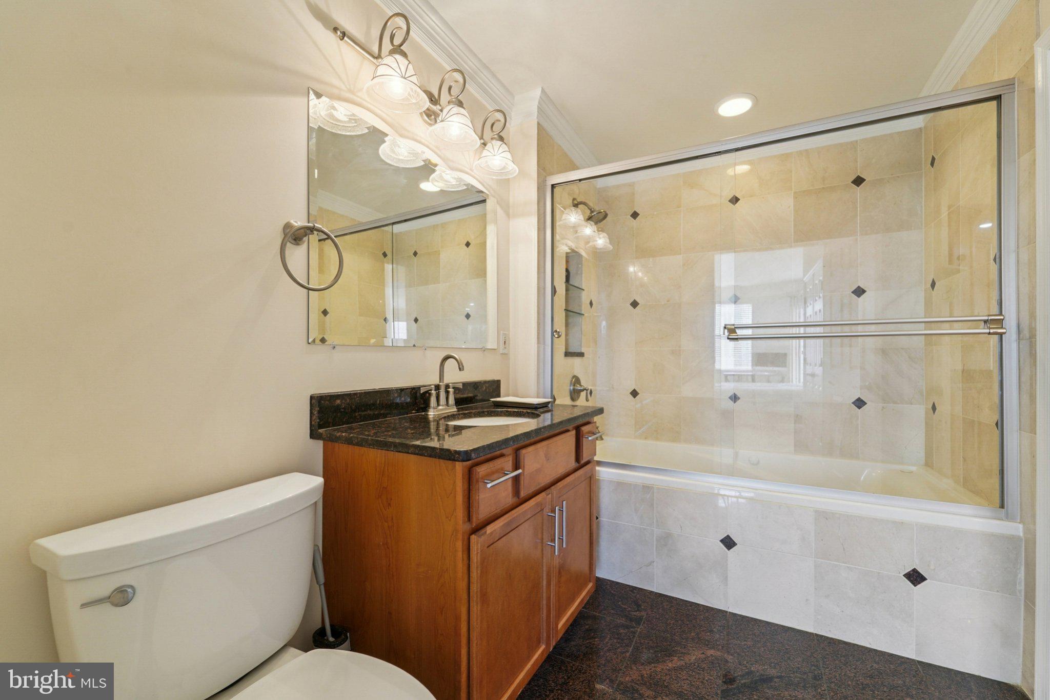 23 Pierside Drive, Unit 118 Baltimore, MD 21230 - Photo 17 of 32 a bathroom with a granite countertop sink toilet and shower
