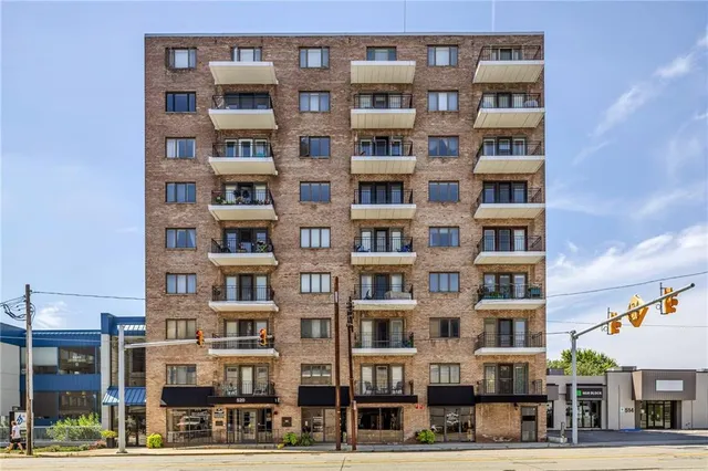 a front view of a multi story building