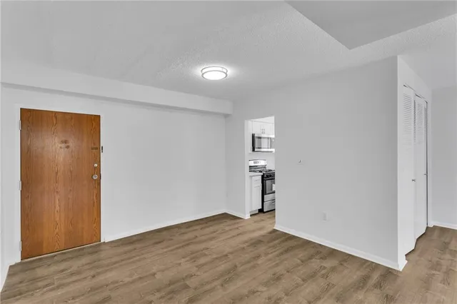 a view of empty room with wooden floor