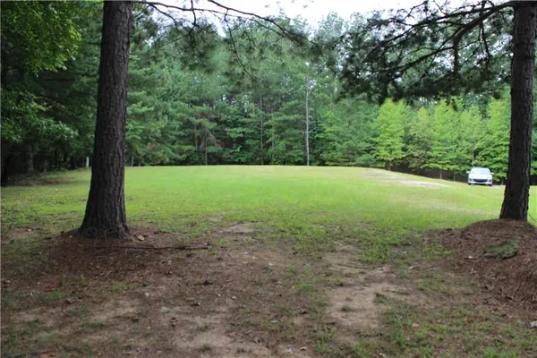 a view of a field with trees in the background