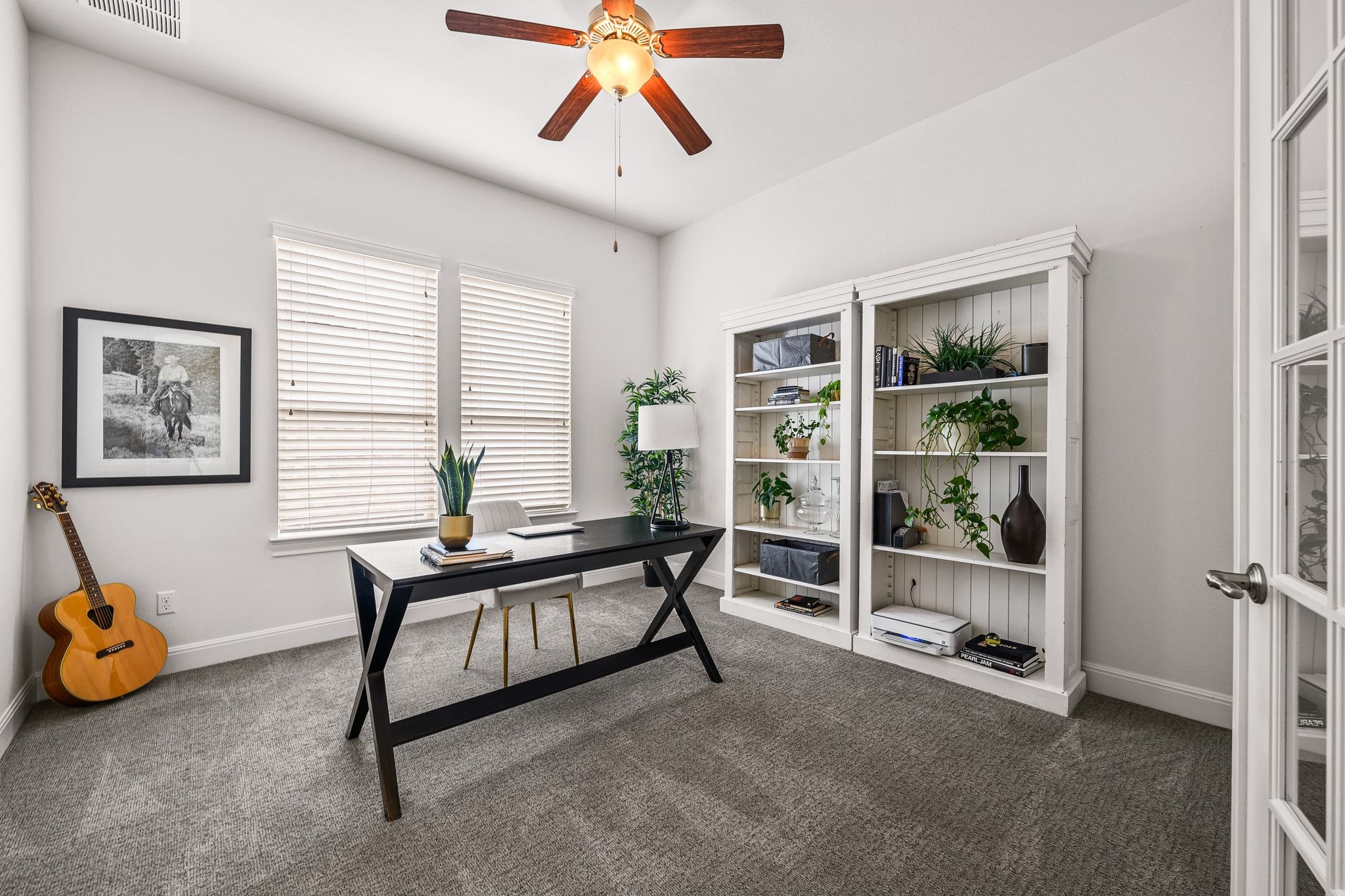 4609 Gallego Circle Austin, TX 78738 - Photo 17 of 40 Home office with French doors, a ceiling fan, and carpet flooring