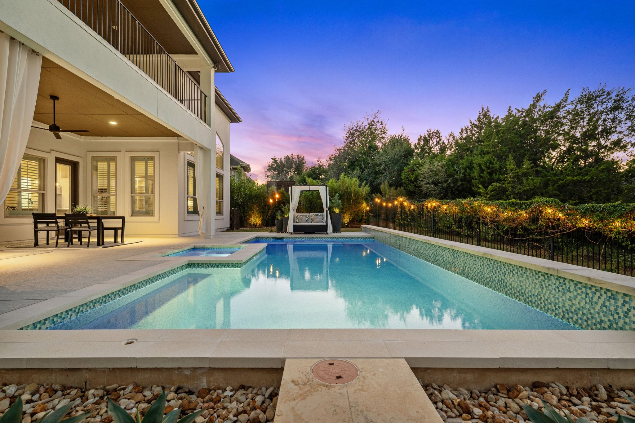 4609 Gallego Circle Austin, TX 78738 - Photo 32 of 40 Retreat-style space featuring a pool and spa with a patio, including a plumbed-in gas line for a grill, surrounded by abundant privacy landscaping.