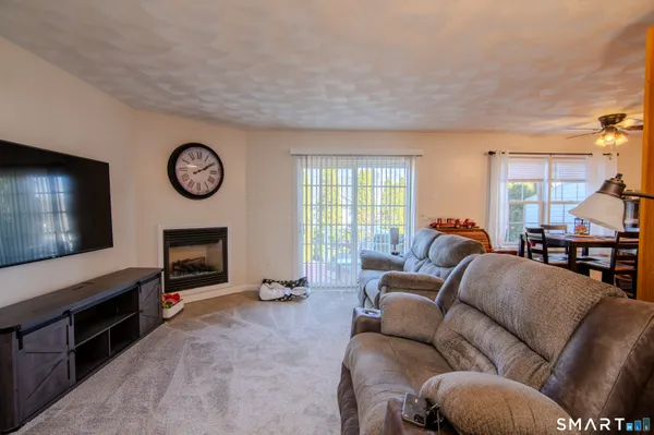a living room with furniture a flat screen tv and a fireplace