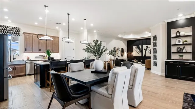 a view of a dining room with furniture