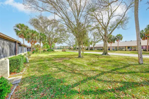 a backyard of apartments with large trees
